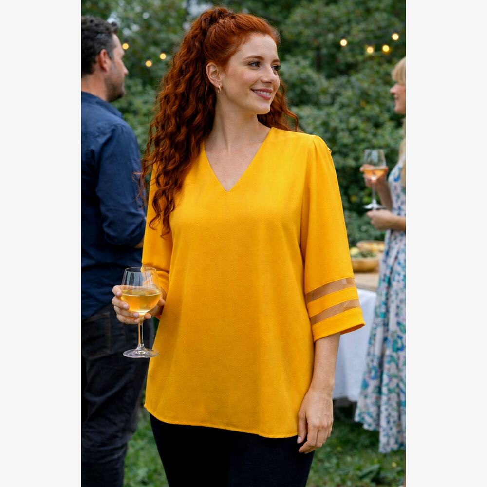Casual V Neck 3/4 Bell Sleeve Mesh Panel Blouse Golden Glow XL